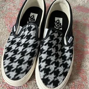 Vans Black and White Houndstooth Slip-Ons
